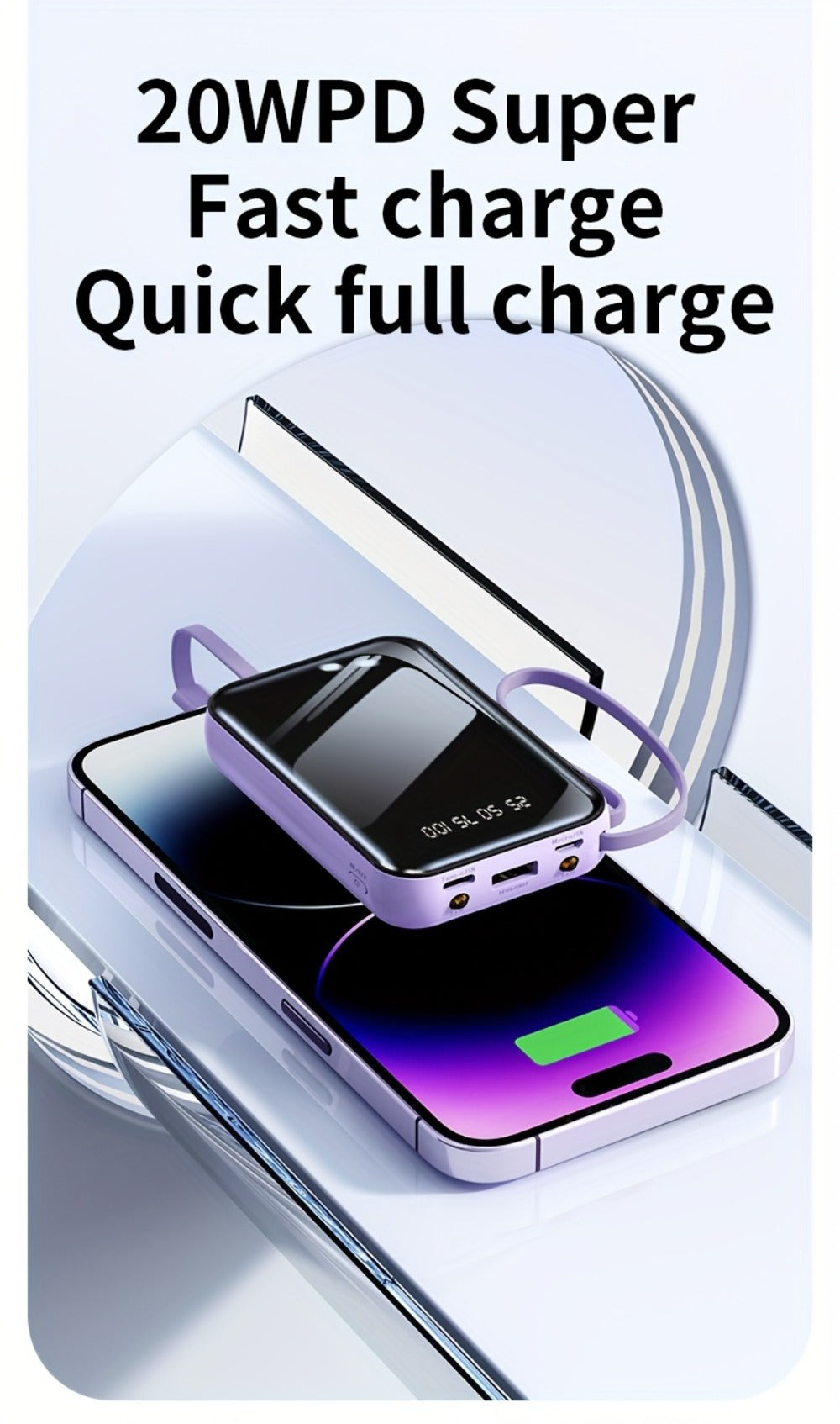 Power Bank 50000mAh 22.5W with Four Built-In Cables, Digital Display and LED Flashlight in Black or Purple