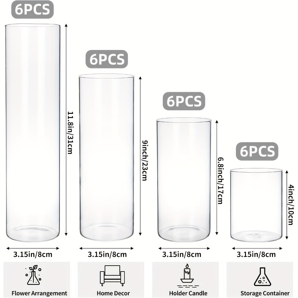 Glass Cylinder Vases Set 12 or 24pcs Clear Tall Flower Vase Candle Holder 4 Sizes for Wedding for Entryways, Bedrooms and Living Spaces