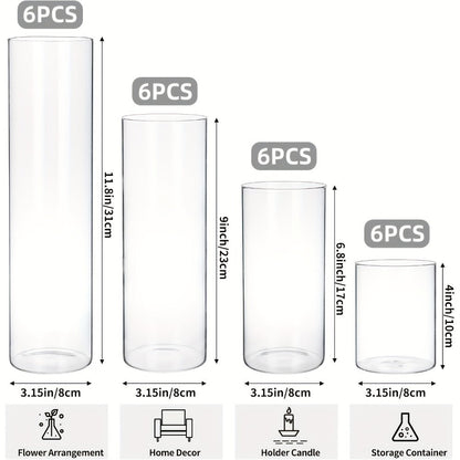 Glass Cylinder Vases Set 12 or 24pcs Clear Tall Flower Vase Candle Holder 4 Sizes for Wedding for Entryways, Bedrooms and Living Spaces