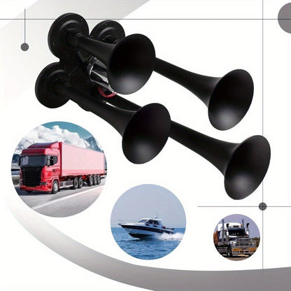 Train Air Horn Kit 135DB 4 Trumpet – 12V/24V Electric Solenoid, Zinc Alloy Chrome, Fits Truck Pickup Car Caravan Motorcycle Trailer