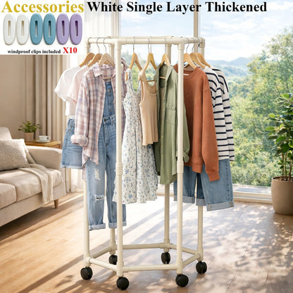 Rolling Hexagon Clothes Drying Rack 1 or 2 Layer, Sturdy Metal Floor Stand with Wheels, Multi-Bar & 10 Clips
