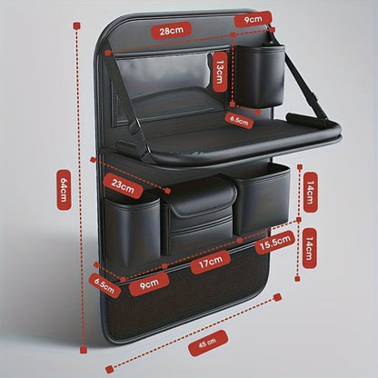 Car Backseat Organizer with Foldable Table Tray & Tablet Holder – PU Leather Seat Back Protector Kick Mat