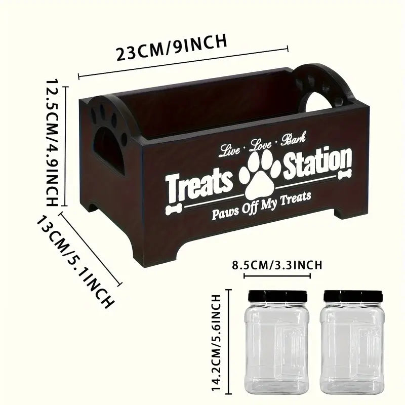 Two-Jar Pet Treat Station with Clear Canisters and Black or White Wood Holder for Countertop Storage