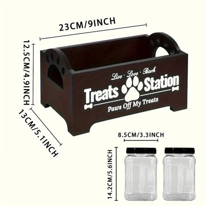 Two-Jar Pet Treat Station with Clear Canisters and Black or White Wood Holder for Countertop Storage