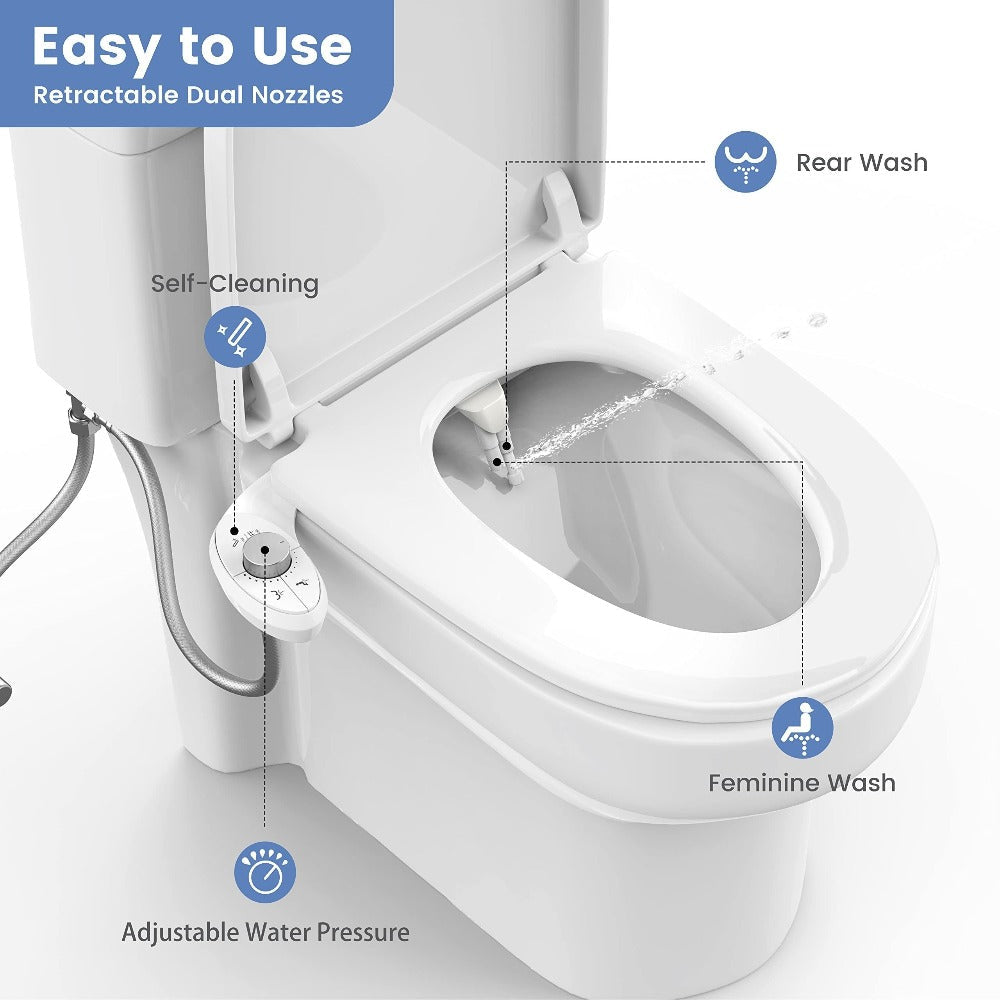 Ultra-Slim Non-Electric Bidet Attachment for Toilet, Self-Cleaning Dual Retractable Nozzles, Adjustable Water Pressure, Fresh Water Sprayer