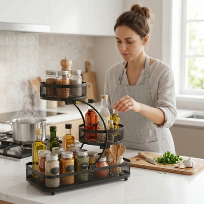 Three-Tier Metal Mesh Countertop Organizer with Black or White Finish and Optional Hooks or Spray Bottles