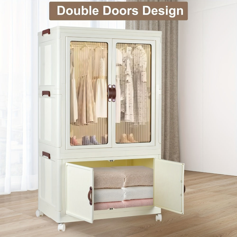 Portable Closet Wardrobe with Wheels & Hanging Rod, Foldable Clothes Cabinet with Doors, 10 Hangers
