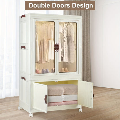 Portable Closet Wardrobe with Wheels & Hanging Rod, Foldable Clothes Cabinet with Doors, 10 Hangers