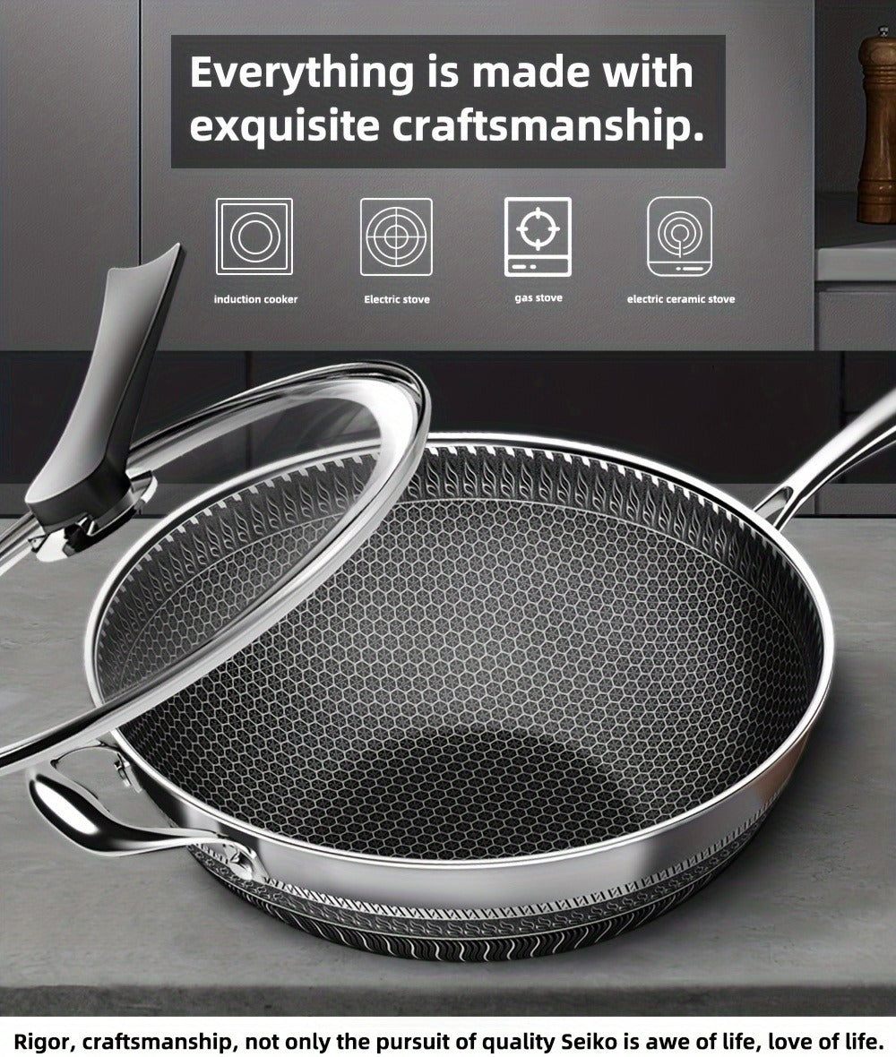 Stainless Steel Wok 13.3 Inch Honeycomb Non-Stick with Lid Spatula & Pot Brush, All Cooktop Compatible Stir Fry Pan