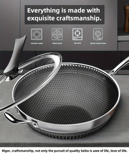Stainless Steel Wok 13.3 Inch Honeycomb Non-Stick with Lid Spatula & Pot Brush, All Cooktop Compatible Stir Fry Pan