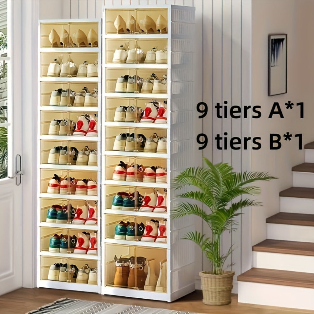 Shoe Rack Organizer 9-Tier, Collapsible Clear Plastic Foldable Stackable Shoe Cabinet with Shelves & Doors