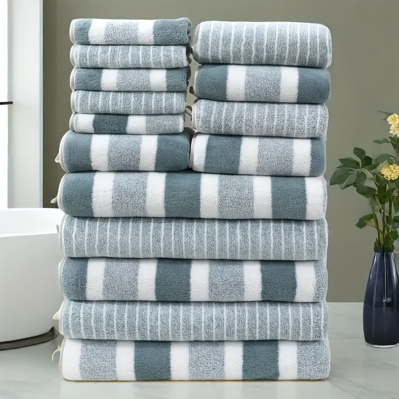 Towel Set 9 or 15 Piece 320GSM Coral Fleece Striped Mix in Five Solid or Mixed Colors for Home and Guest Use