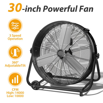 Industrial Drum Fan High Velocity Floor Fan 24 30 Inch, 3-Speed Metal Air Circulator 360 Tilt Casters ETL Listed