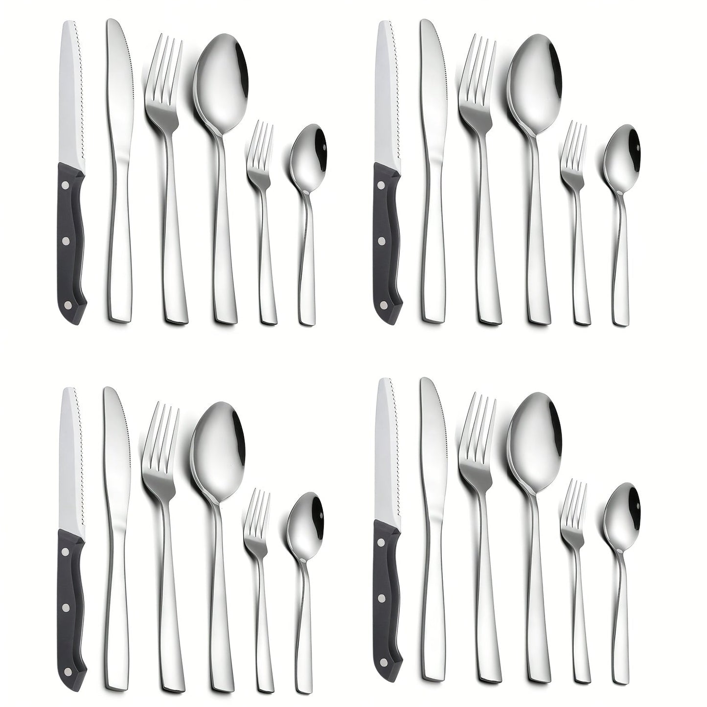 24- or 48-Piece Flatware Set with Silver, Gold or Black Finish Options and Black-Handle Steak Knives