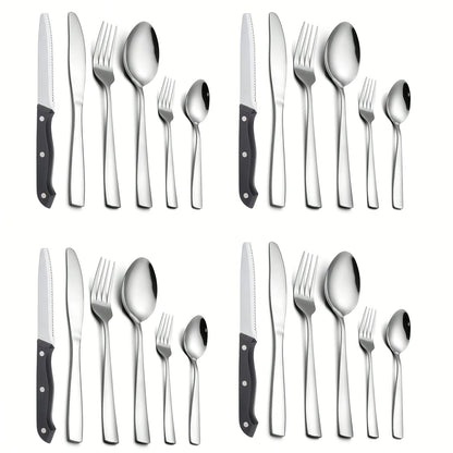 24- or 48-Piece Flatware Set with Silver, Gold or Black Finish Options and Black-Handle Steak Knives