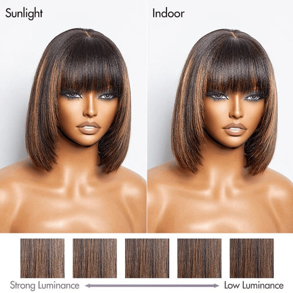 Straight Bob Wig with Bangs Human Hair 3x1 Lace Part Pre-Plucked Glueless Brazilian Short Bob 150 Density 1B/30 Highlight Natural Black