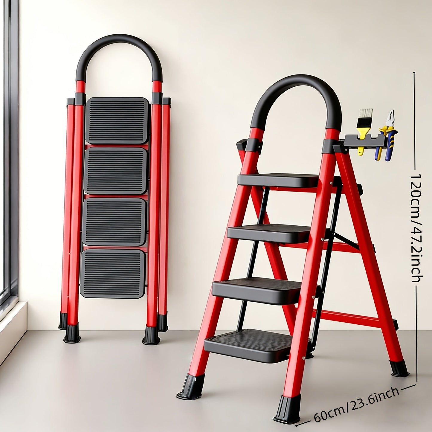 Folding Step Stool Ladder Steel with Anti-Slip Wide Treads & Handrails, Safety Lock, Portable Multi-Step Ladder for Home