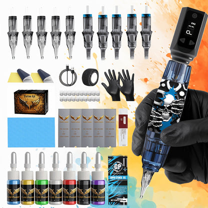 Tattoo Machine Kit GOLDPLUME TM-69 or TM-70 Wireless Rotary Pen with Power Supply, 10 Cartridges and 7 Inks