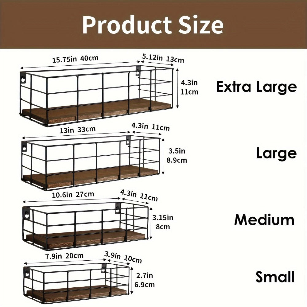 Wire Basket Wall Shelf Set with Wood-Look Bases and Four-Piece or Six-Piece Size Assortments