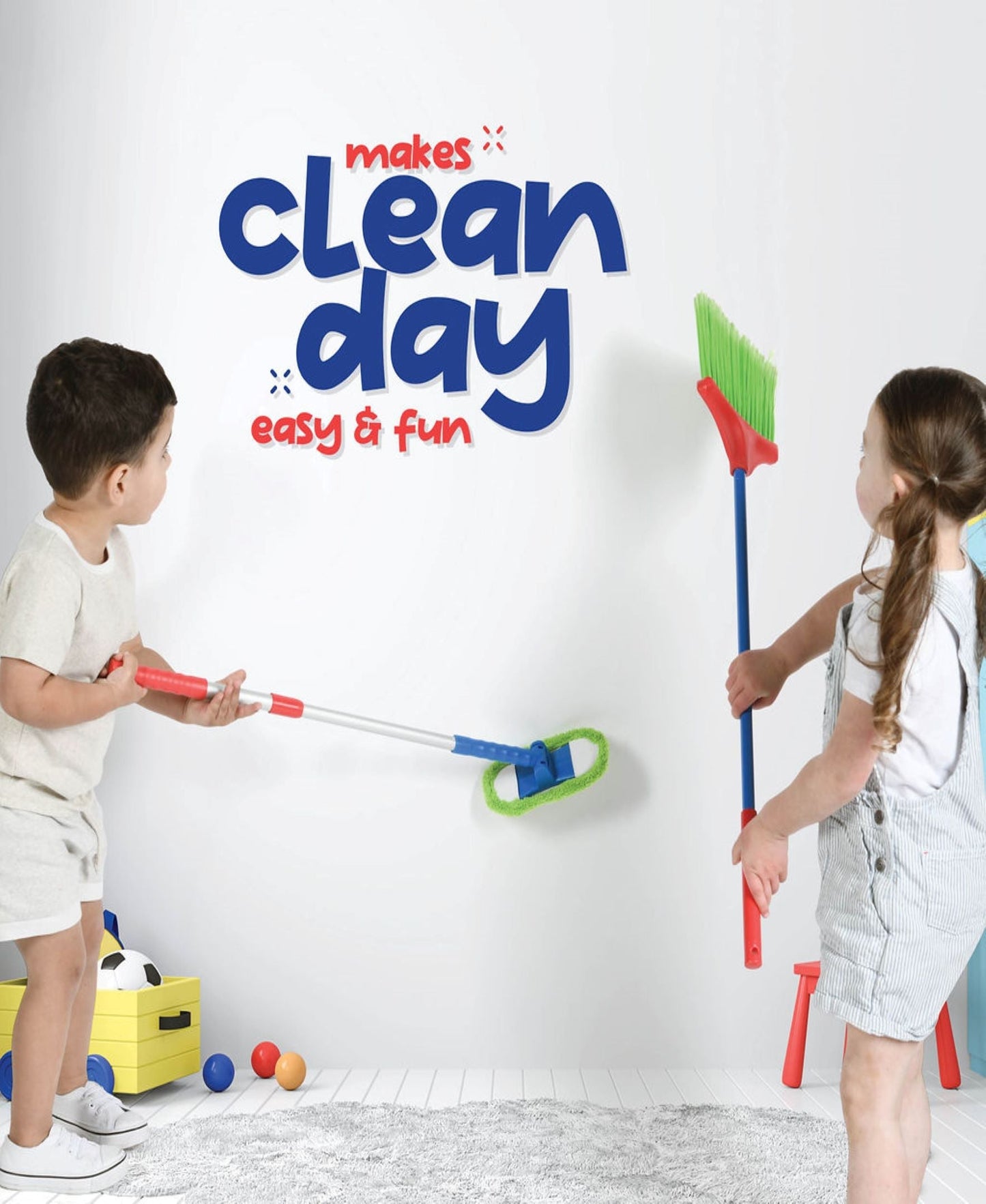 Kids Cleaning Set 4 Piece Toy Broom Mop Brush Dustpan, Pretend Play Housekeeping Kit for Toddlers Boys Girls