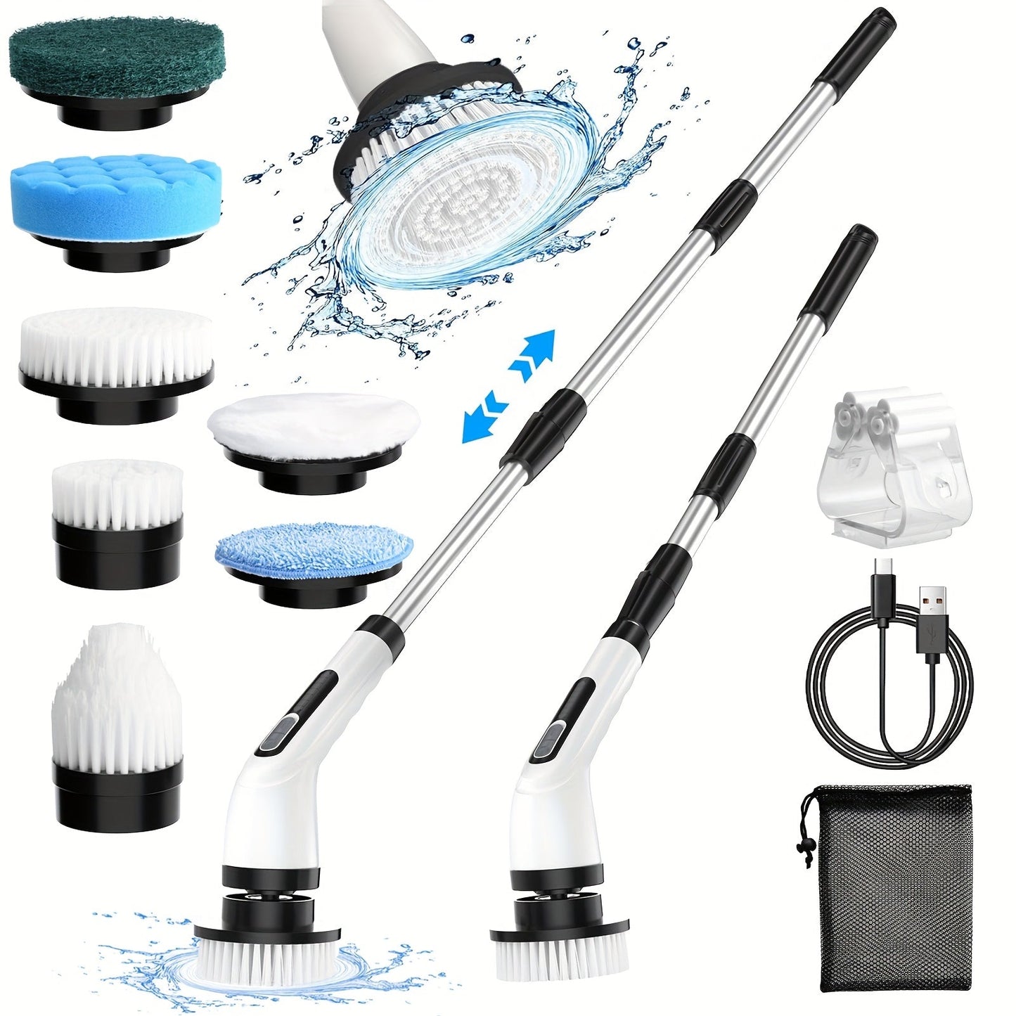 Electric Spin Scrubber with 7 Brush Heads & Adjustable Handle, Dual-Speed Cordless Power Scrubber for Bathroom