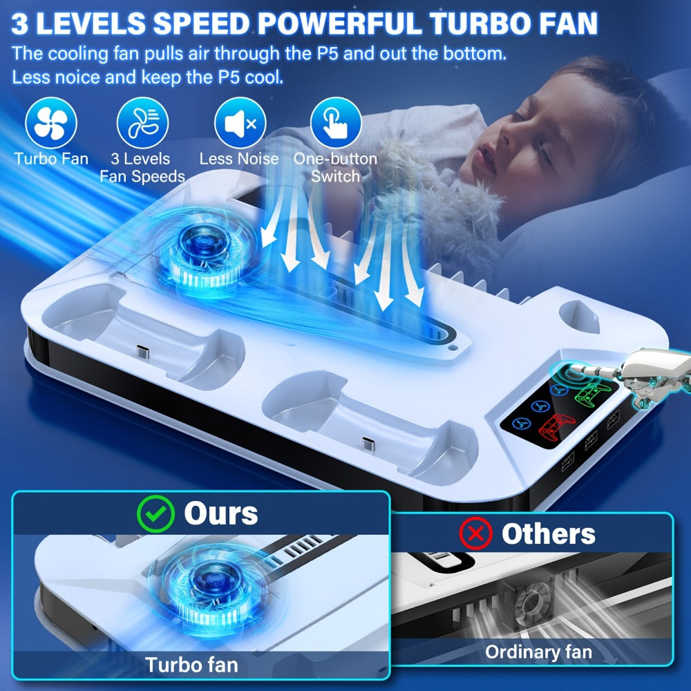 Black Console Cooling Stand Compatible with PS5, Slim and Pro Models, Three Fan Speeds and Dual Controller Dock