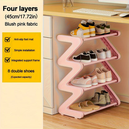 Four-Tier Z-Frame Shoe Rack with Metal Tubes in Graphite Black, Dawn Pink, Gray or Breeze Blue