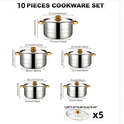 Stainless Steel Non-Stick Cookware Set 10/12pcs, 316 Grade Steel Frying Pan, Stockpot & Milk Pot with Lid