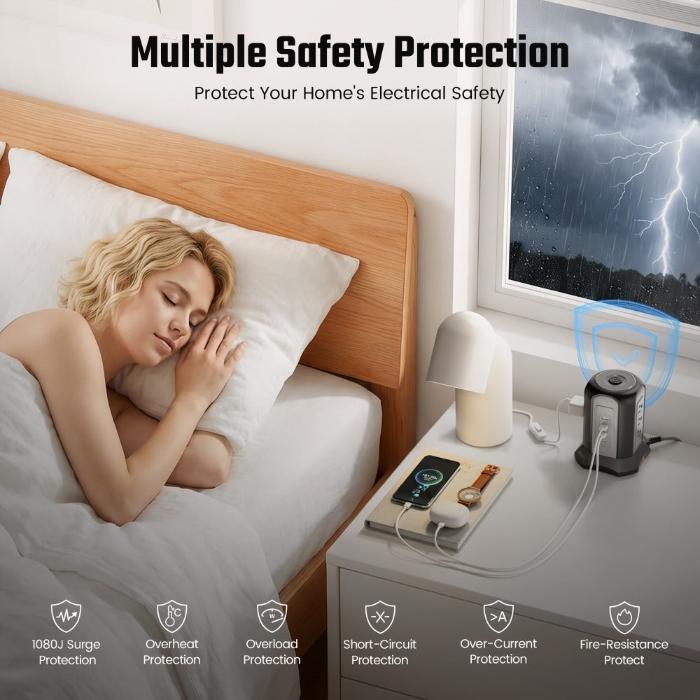 Surge- Power Tower 13-in-1 with Wireless Charger, 9 AC Outlets & 4 USB Ports (2 USB-C PD18W), 1080J Surge Protector