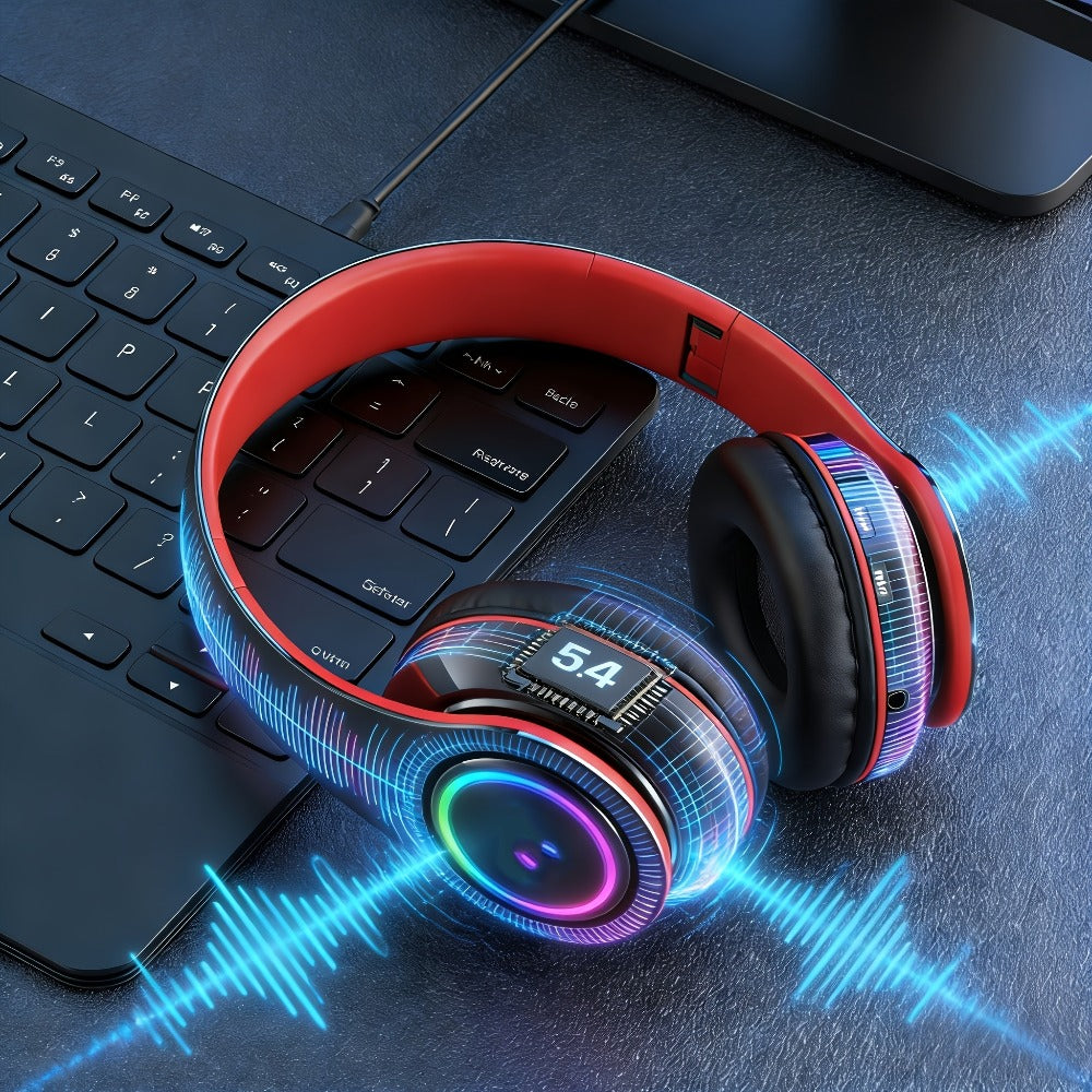 LED Light Over-Ear Wireless Headphones Deep Bass Subwoofer, Active Noise Cancelling Foldable Headset Bluetooth 5.3