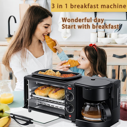 3-in-1 Breakfast Station Maker - Coffee Maker + Toaster + Frying Pan Combo, One-Touch Timing Fast Cooking