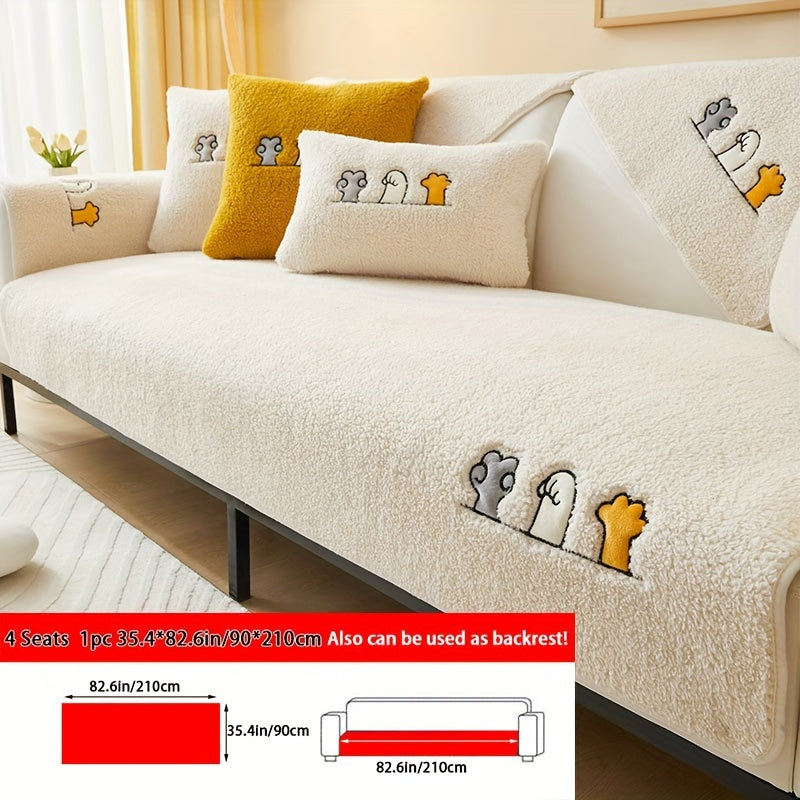 Sofa Cover Thick Plush Shearling Panels with Animal and Bone Embroidery and Backing Detail for 2 to 4 Seats