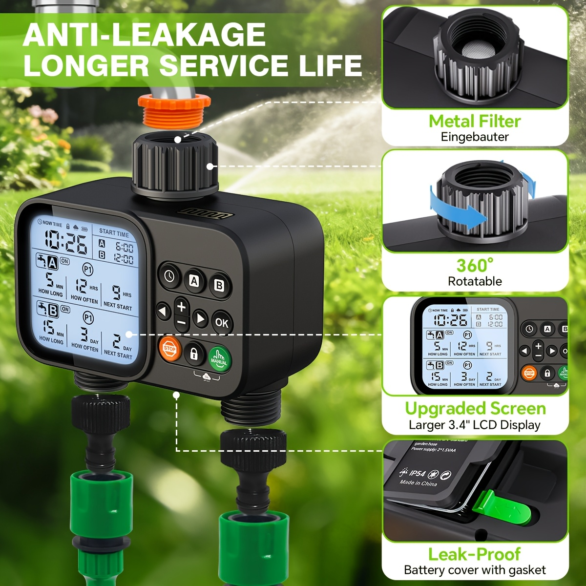 Automatic Drip Irrigation Timer Smart Garden Watering Controller 2-Zone, for Garden, Lawn and Yard Watering