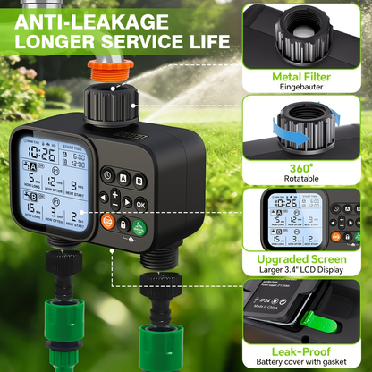 Automatic Drip Irrigation Timer Smart Garden Watering Controller 2-Zone, for Garden, Lawn and Yard Watering