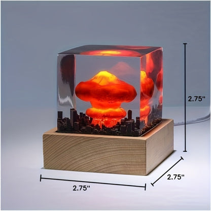 Night Light Mushroom Cloud USB LED Display Lamp with Red Glow, Clear Cube Shade and Sci-Fi Desk Accent Design