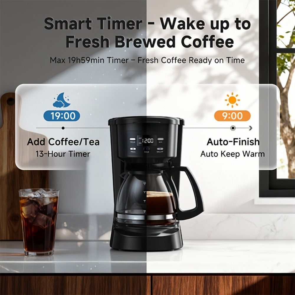 Five-Cup Programmable Drip Coffee Maker with Glass Carafe, Reusable Filter and Black or White Finish