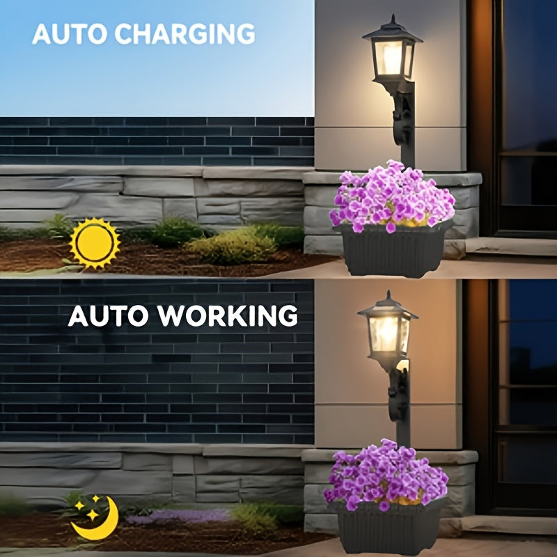 Solar Lamp Post Light with Flower Pot 2-in-1 – Waterproof Wall Mounted or Standalone Decorative Garden Lantern for Lawn, Yard