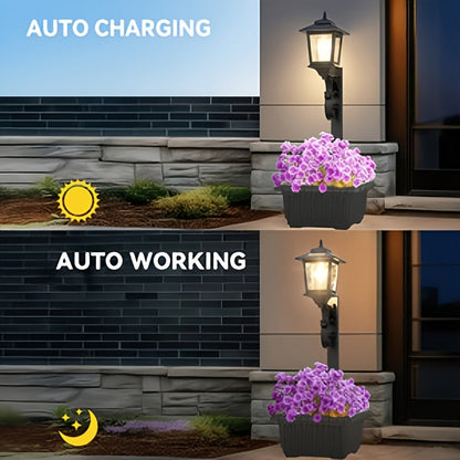 Solar Lamp Post Light with Flower Pot 2-in-1 – Waterproof Wall Mounted or Standalone Decorative Garden Lantern for Lawn, Yard