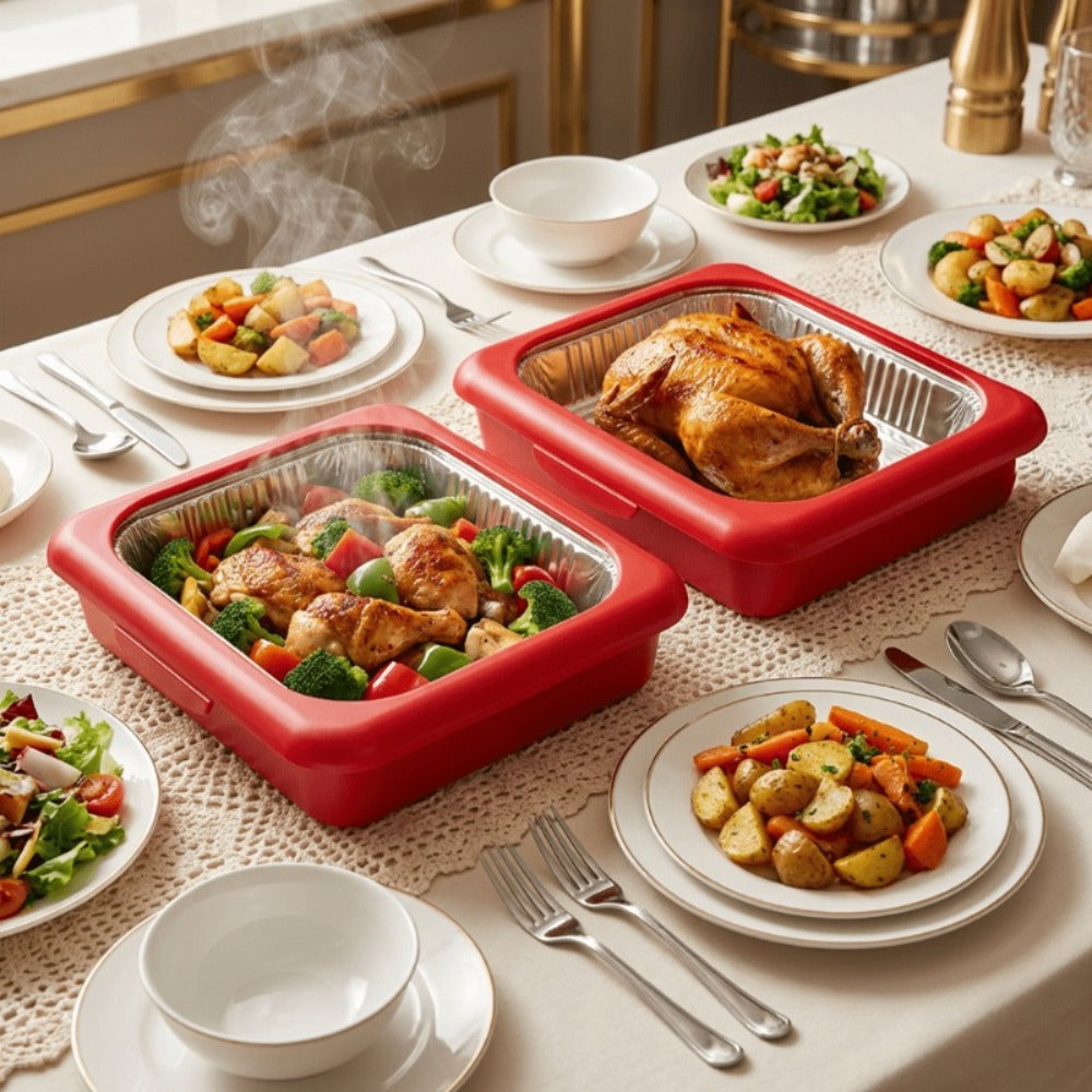 Aluminum Foil Insulated Food Tray Set 2-in-1 Reusable Stand with 2 Disposable Foil Trays for Grilling, Camping and Outdoor Meals