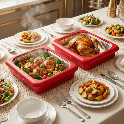 Aluminum Foil Insulated Food Tray Set 2-in-1 Reusable Stand with 2 Disposable Foil Trays for Grilling, Camping and Outdoor Meals