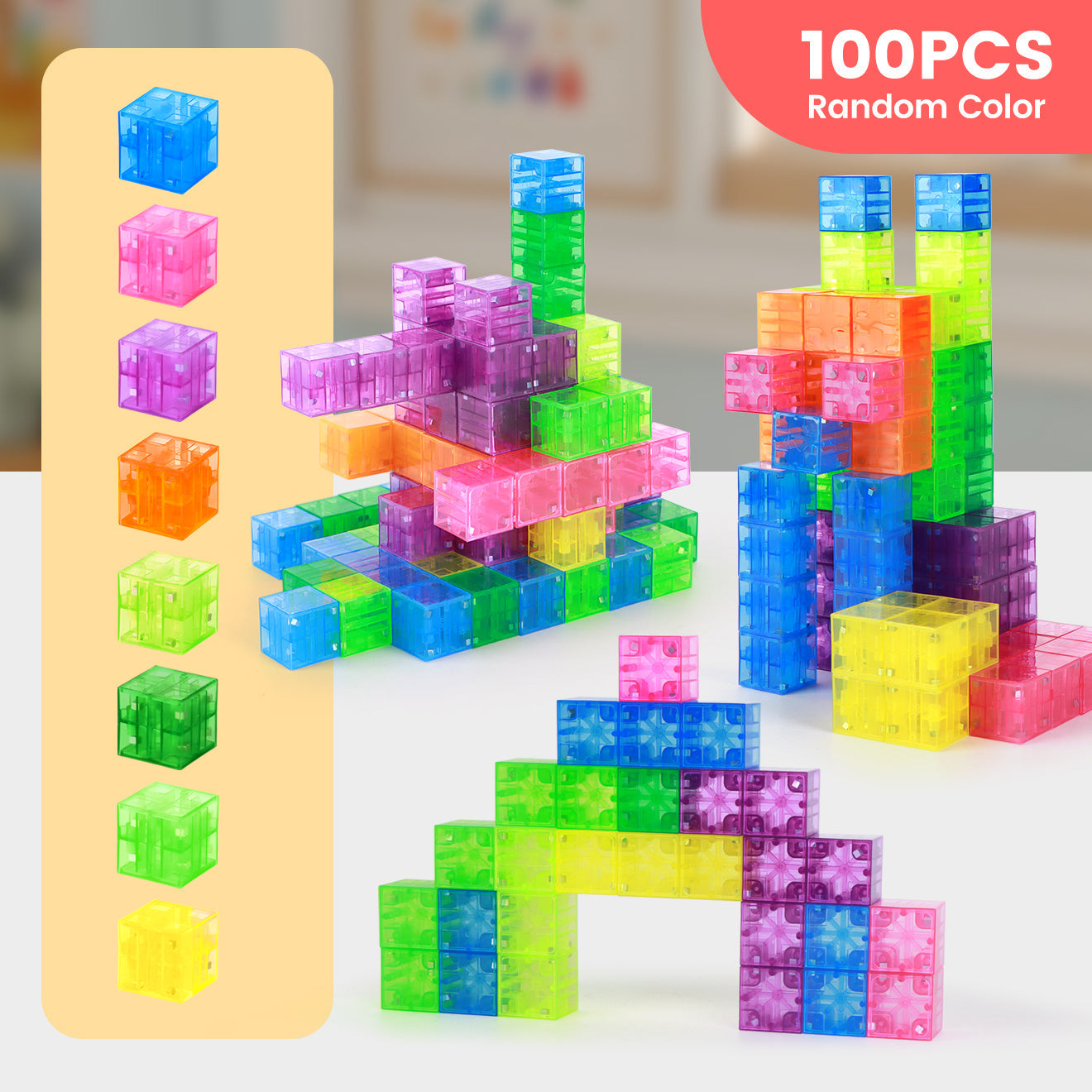 Magnetic Building Blocks 100pcs Colorful Transparent Cube Construction Set, Creative STEM Physics Learning Toy for Boys & Girls