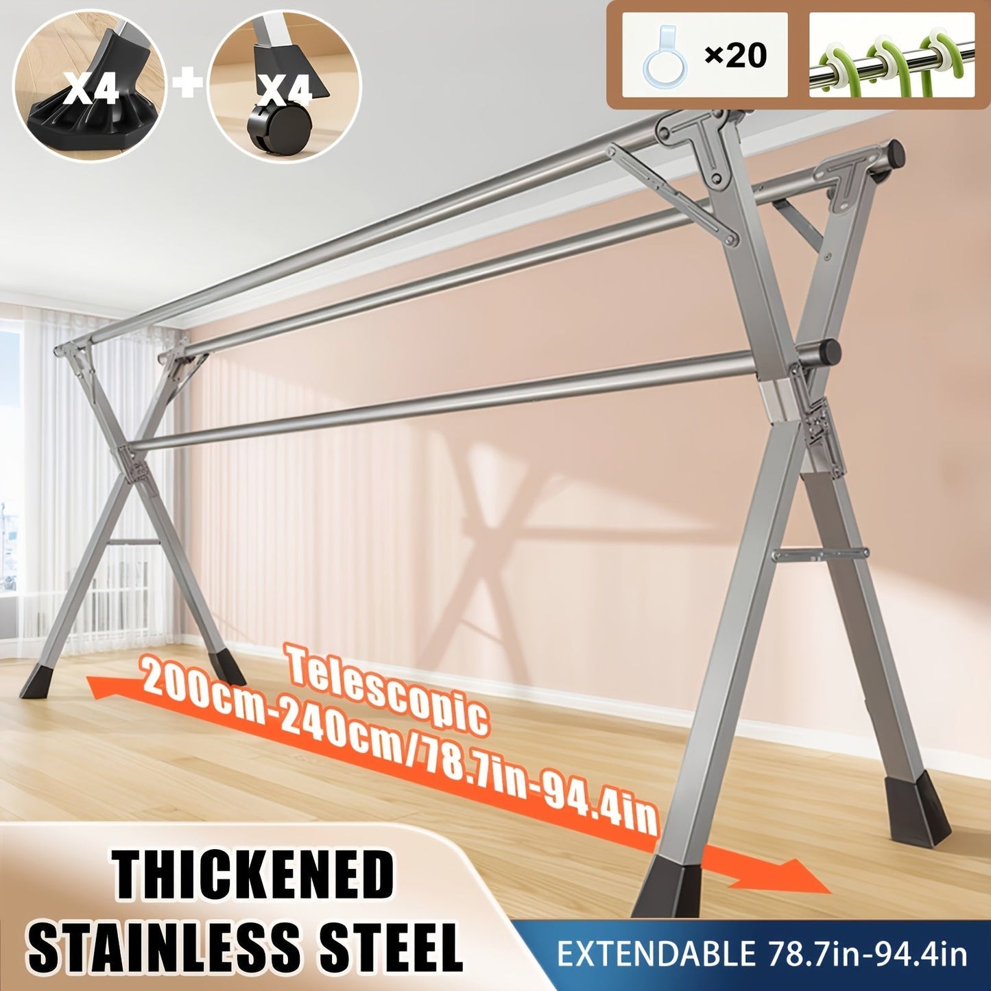 Folding A-Frame Clothes Drying Rack with Telescopic Rods, Wheels, Hooks and Four 62.9-94.4-Inch Layouts