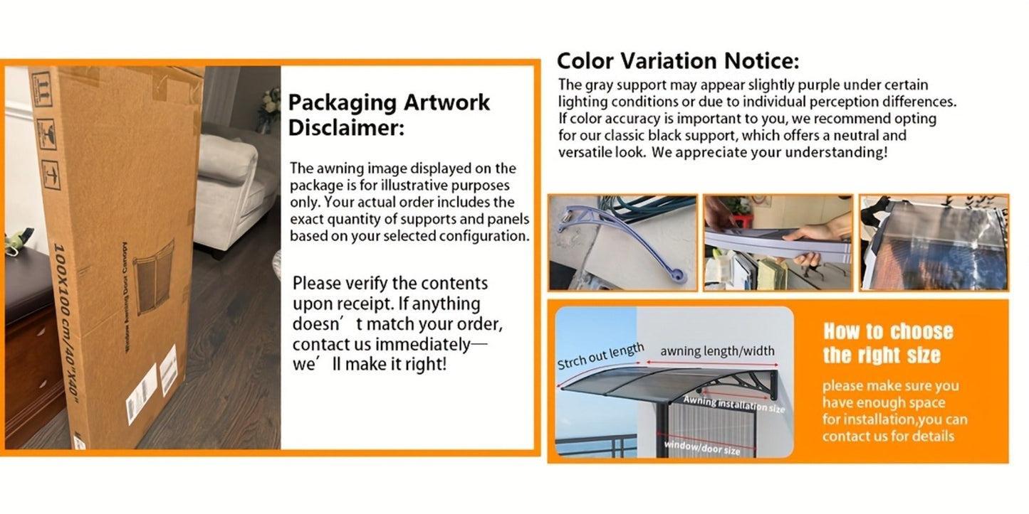 Polycarbonate Window Awning Door Canopy - UV Rain Snow Sun Protection Overhang for Doorways, Patio & Windows