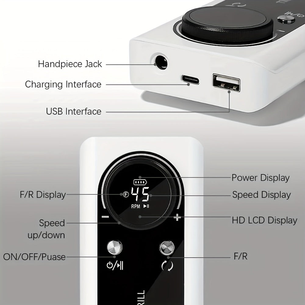Low Noise Nail Drill Machine 45000RPM Rechargeable with LCD Display – Quiet Electric E-File for Gel Polish Acrylic Natural Nails