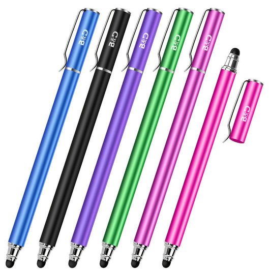 6-Piece Dual-Tip Stylus Pen Set for Capacitive Touchscreens with Replaceable Soft Rubber Tips