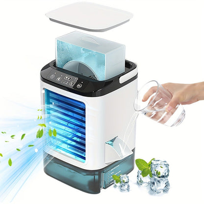Portable Air Cooler Fan USB Humidifier with Rainbow Ambient Light, 3-Speed Atomization Misting Fan with Large Ice Box and Low Noise