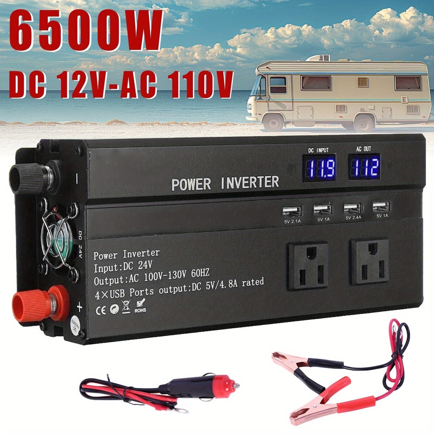 DC to AC Inverter 4000W 5500W 6500W 16000W Peak DC 12V to AC 110V High Power Car Inverter with USB Ports for Garden, Patio and Yard Use