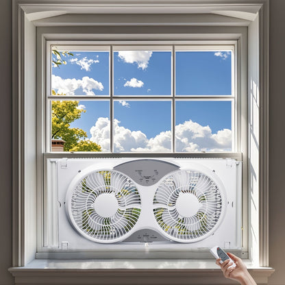 Window Fan 9 Inch Twin Expandable Dual Fan, 3-Speed with Remote Control or Manual Control for Home Cooking, Dining and Outdoor Meals