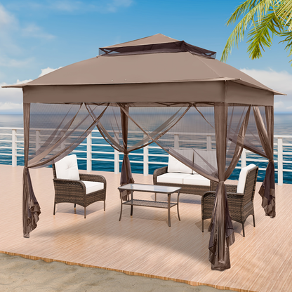 Instant Gazebo Tent 11x11 FT Mosquito Netting No Assembly Required for Garden, Yard and Pest Management