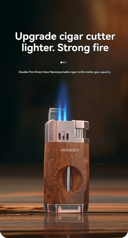 Cigar Torch Lighter with V-Shaped Cigar Cutter Built-in Clip Dual Windproof Jet Flame Visible for Entryways, Bedrooms and Living Spaces